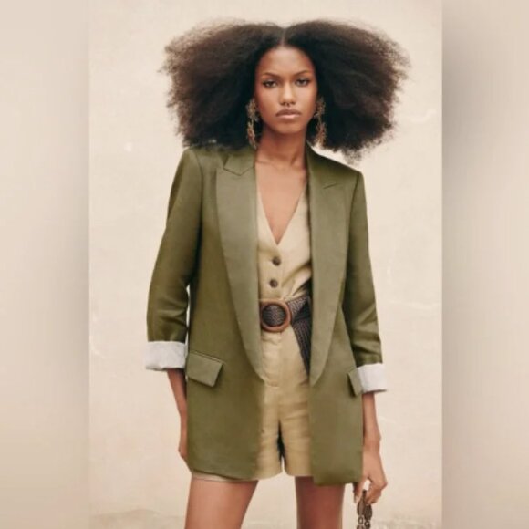 NWT Zara Olive Green Relaxed Fit Open Front Linen Blazer S - Picture 1 of 10